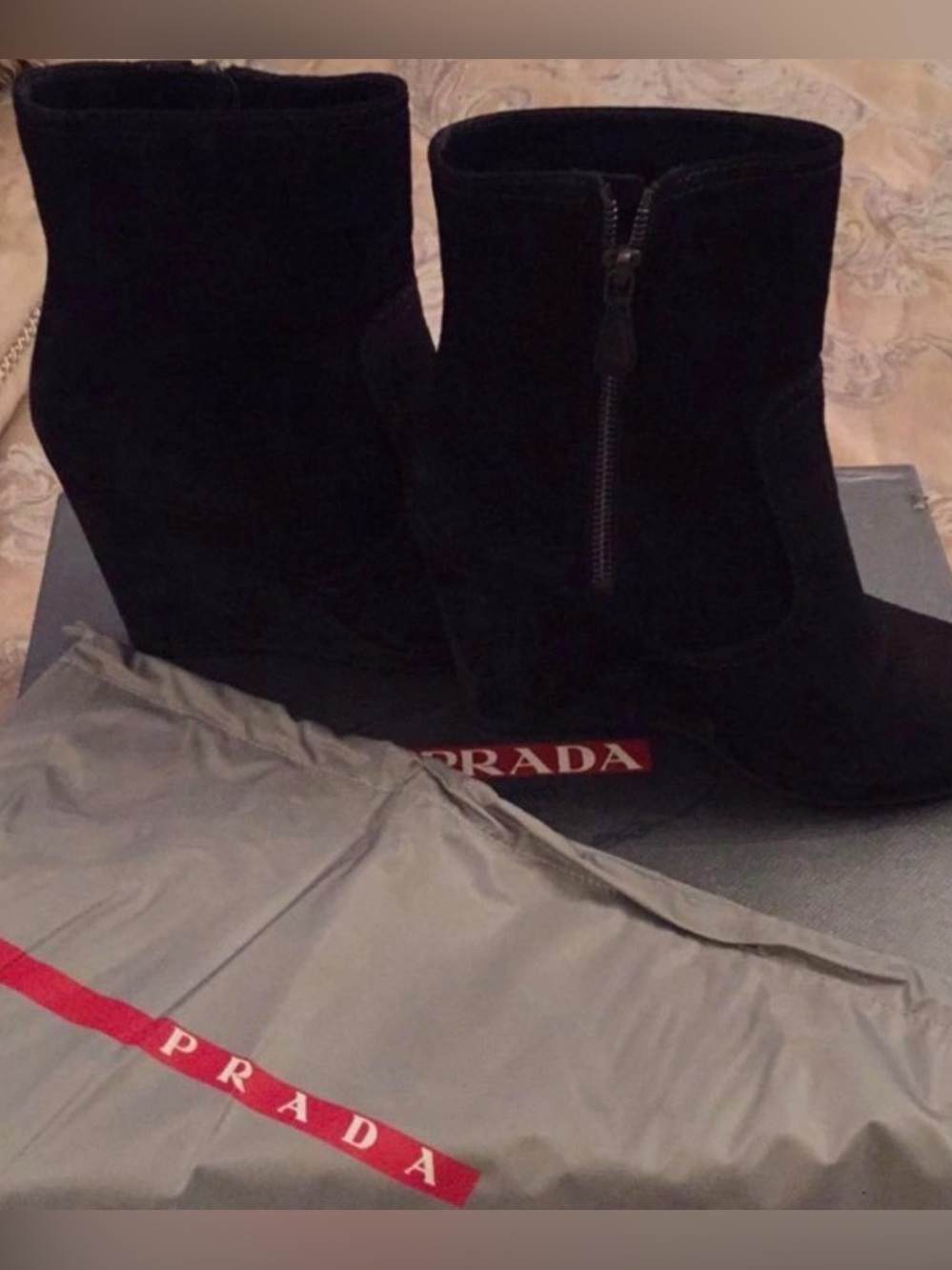 Prada Black Suede Wedge Ankle Booties
